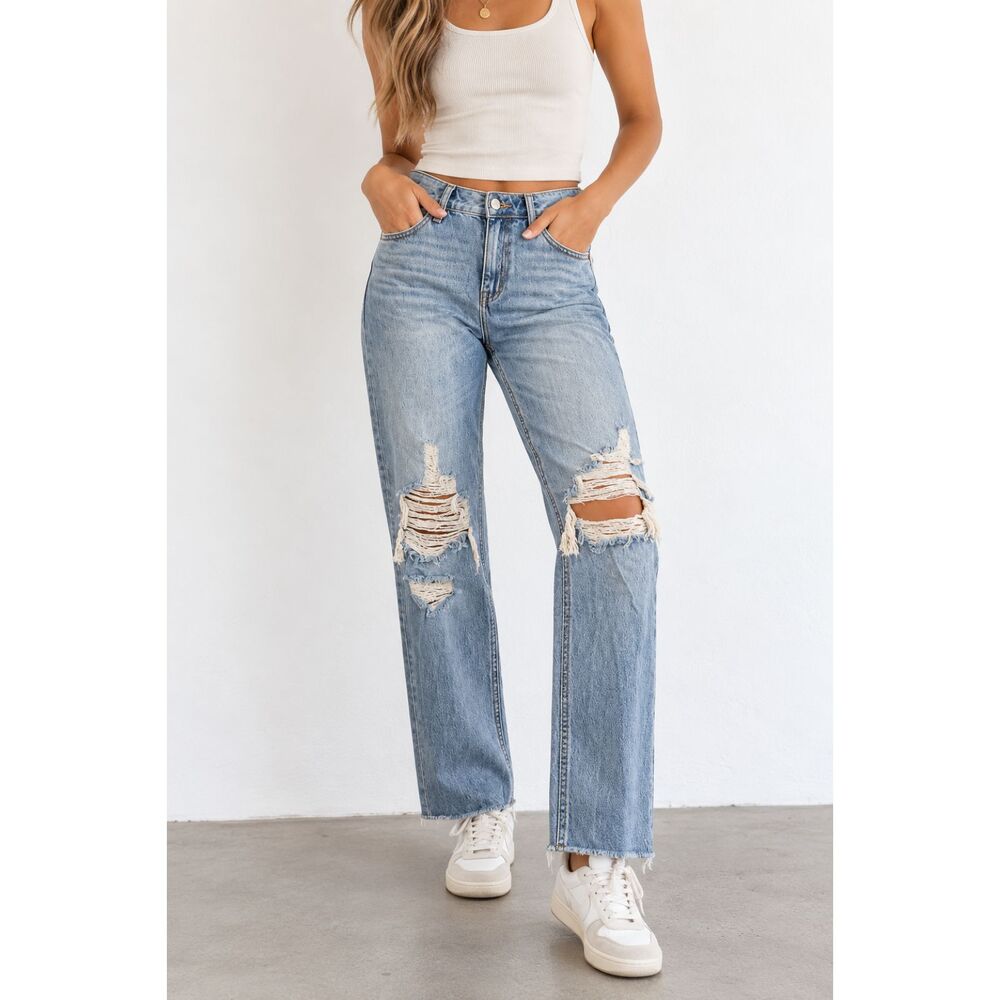 Cello Jeans Light Wash Distressed Straight Leg Women’s Size 5 Ripped Raw Hem